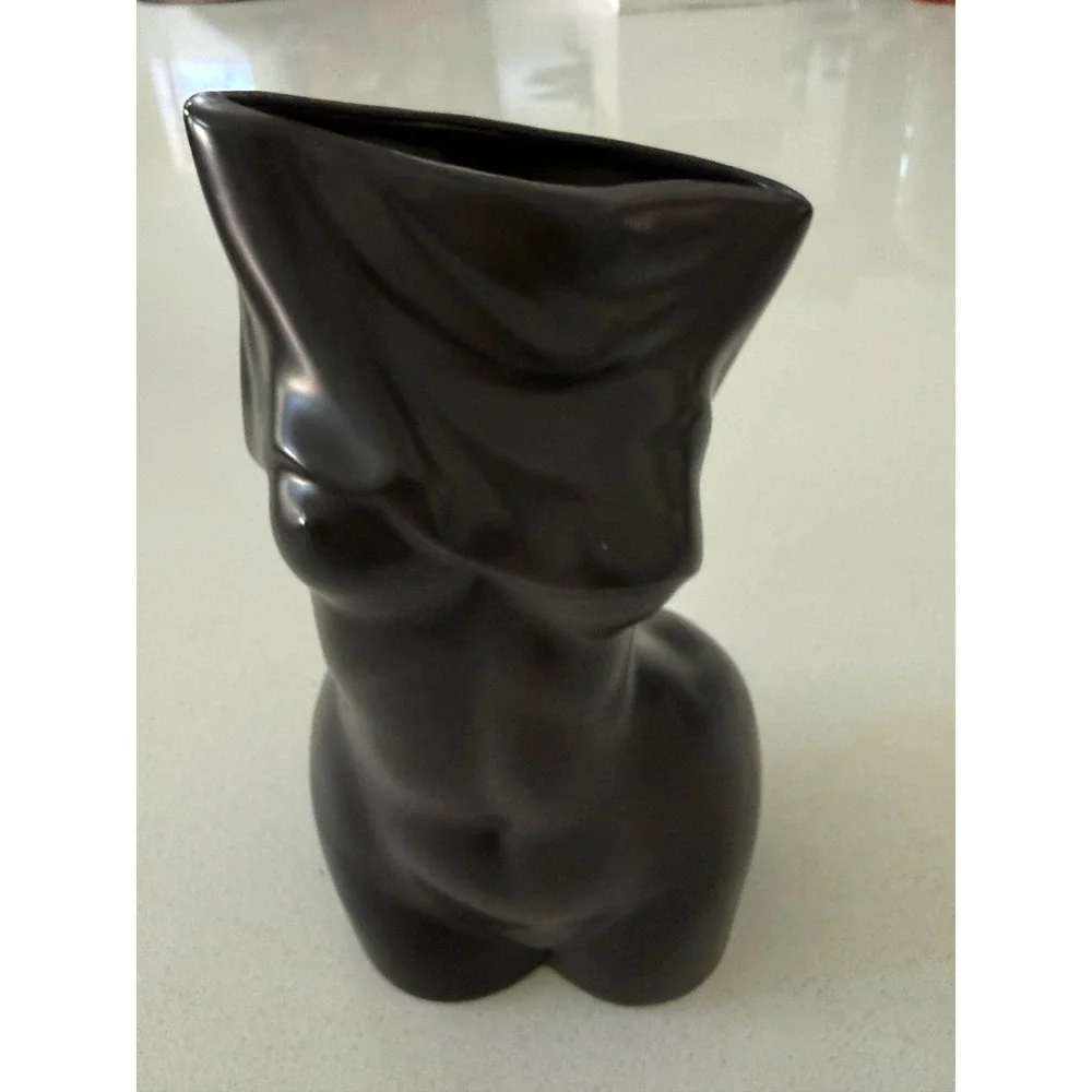 Matte‎ Black Ceramic Female Torso Vase Draped Body Sculptural Modern Decor
